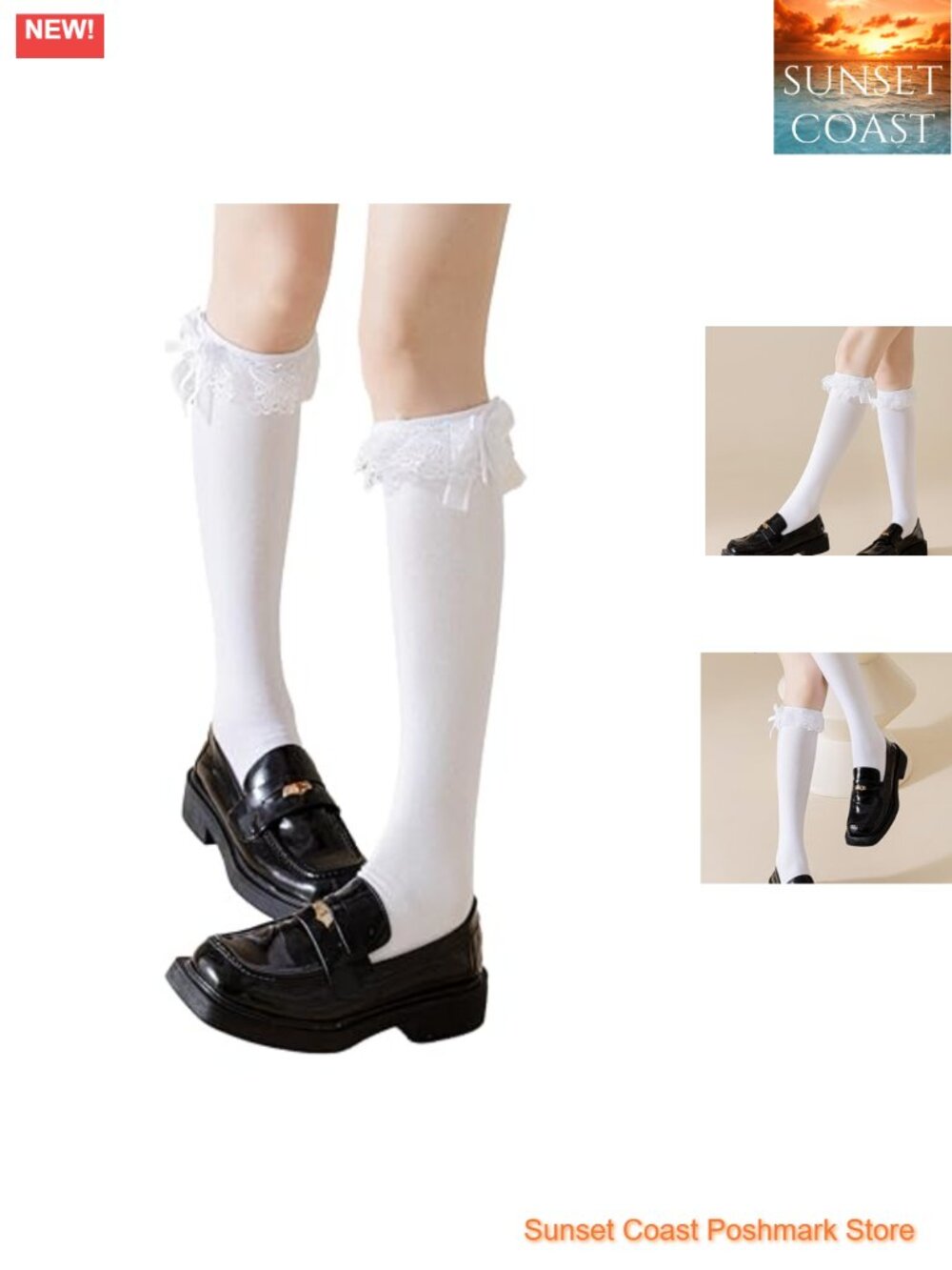 Knee High Socks Cotton Lace Ruffle Bow Women Dress Stockings